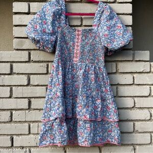 Betsey Johnson Puff Sleeve Floral Tiered Smocked Mini Dress in Blue- Size Medium